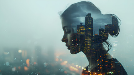 Double exposure of a woman'head with urban landscape in the background