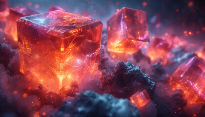 Glowing pink crystals on a dark surface, exuding an otherworldly neon luminescence.