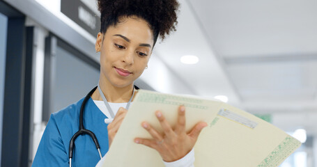 Writing, nurse and document in hospital for insurance, healthcare and compliance report with...