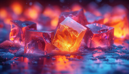 Illuminated ice cubes glow with internal fire, nestled on a reflective surface amidst shards.