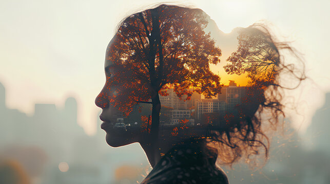 Double exposure of a woman'head with urban landscape in the background