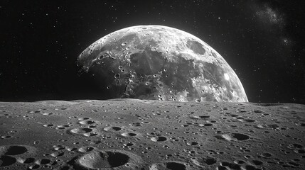 The moon's surface, marked by a myriad of craters, reveals a lunar landscape