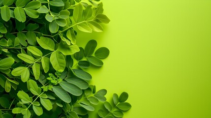 Fresh spring moringa leaves on vibrant green background with copy space, symbolizing natural wellness and herbal health concepts
