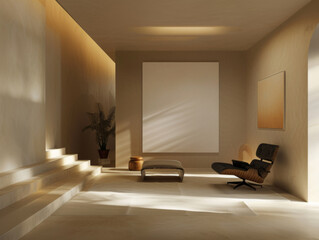 Fototapeta premium minimalist living room with large blank canvas on a textured wall, illuminated by natural light from window.