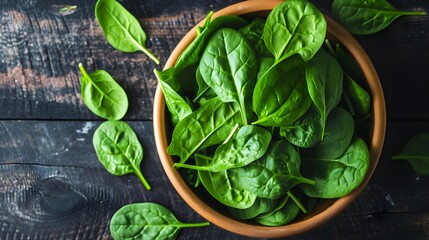 Fresh spinach leaves in a bowl on a wooden table. Top view.