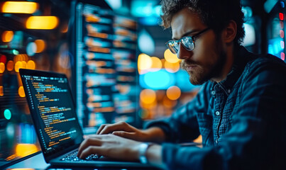 Focused coder typing on laptop with programming code overlay, in a high tech office environment, concept of software development and cybersecurity