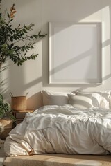 A serene bedroom interior in morning light, featuring a large blank picture frame above the bed, ready for artwork.