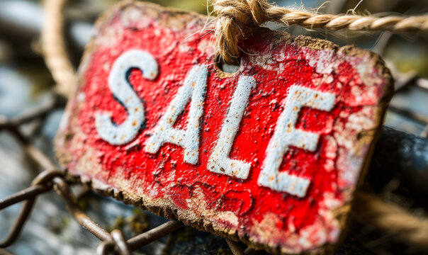 Red sale tag with bold white lettering and a twine string on a bright background, signifying discount offers and promotions