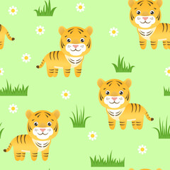 Tiger baby seamless pattern. Cute cartoon tiger, green grass and flowers. Children's background. Simple vector illustration. Funny african animals.