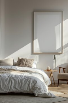 A serene bedroom interior in morning light, featuring a large blank picture frame above the bed, ready for artwork.