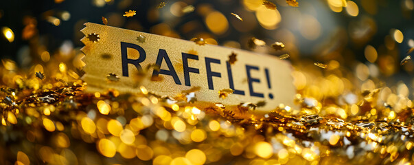Golden raffle ticket with RAFFLE! text, symbolizing chance, competition, and luck in a prize draw or lottery event with a unique serial number - obrazy, fototapety, plakaty