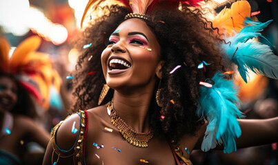 Joyful women in vibrant carnival costumes with feathers celebrating with laughter and dance amidst a shower of confetti at a festive parade - obrazy, fototapety, plakaty