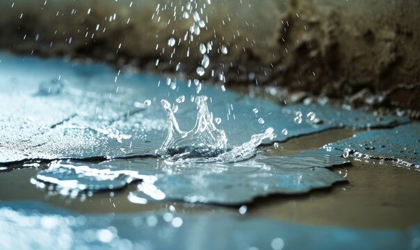 Close up of Water Leak on Concrete Floor, Water Splashing from a Crack, Concept of Plumbing Issue, Home Damage, and Urgent Repair Needs © Bartek