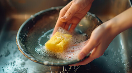 Female hands with a yellow washcloth with foam under running water