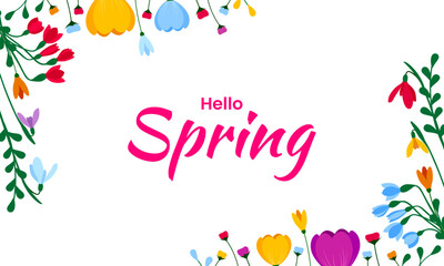 Hello spring text background design. Spring background template with colorful floral elements. Vector