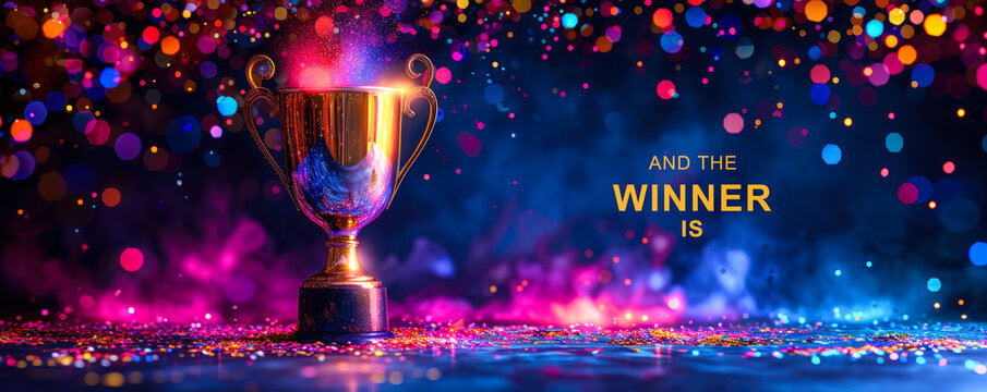 A shining trophy cup overflows with colorful beams and stars, highlighting the text AND THE WINNER IS, signifying celebration and announcement of a victor