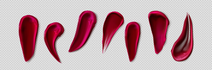 Lipstick smears set isolated on transparent background. Vector realistic illustration of red and pink lip gloss smudges, liquid paint sample, colorful creamy substance stroke, makeup product