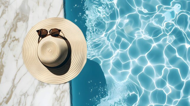flat lay of sunglasses and straw hat on marble swimming pool side with clear blue water with waves sunlight shadow reflections minimal fashion aesthetic summer vacation top view creative background