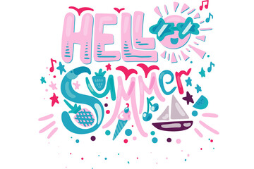 Hello summer hand drawn vector text illustration  