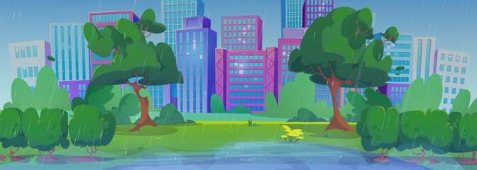 Rain in summer city park. Vector cartoon illustration of modern cityscape with skyscrapers, puddles on green lawn with flowers, wet bushes and trees, urban public garden, stormy weather and cloudy sky