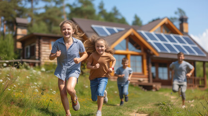 Fototapeta premium Solar cell. Happy family running near their house with solar panels on roof. Alternative energy, saving resources and sustainable lifestyle concept.