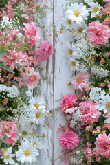 flowers in a garden against a old white painted wooden wall