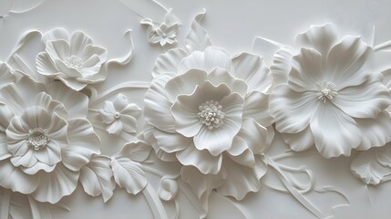 Elegant white floral bas-relief wall panel with three-dimensional flower design. - obrazy, fototapety, plakaty