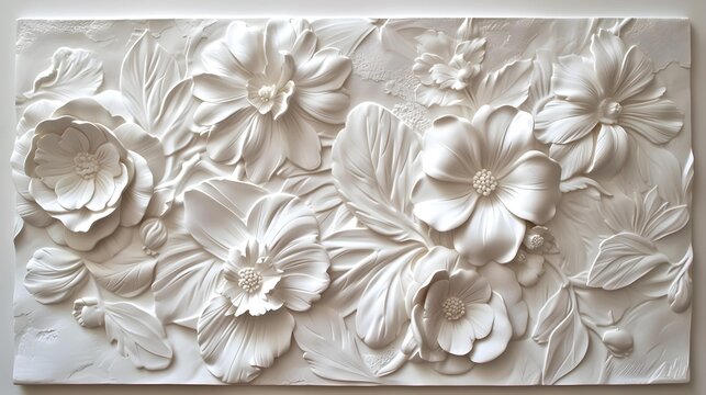 Elegant white floral bas-relief wall panel with three-dimensional flower design.