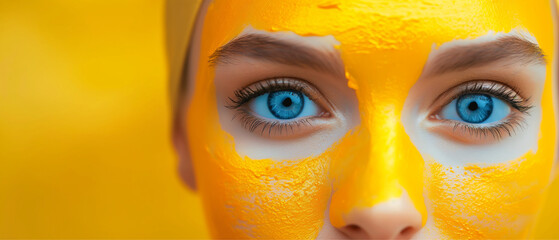 close-up young woman with a mask on her face, skin care, healthy beauty facial skin, beautiful blue eyes