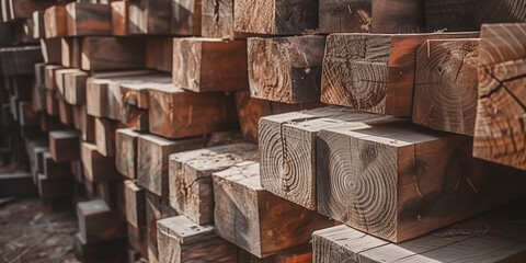 closeup of pile of wood timber, warehouse with Stacked wooden beams