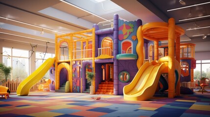 Children's entertainment center for recreation and games with large slides in a bright room.