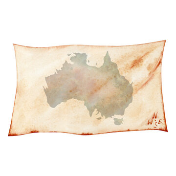 recommend clip art: Hand drawn Australian map on aged paper. Topographic element of a continent.  For tourist or travel prints, cards, fliers, cards, designs. Watercolor illustration on transparent background.