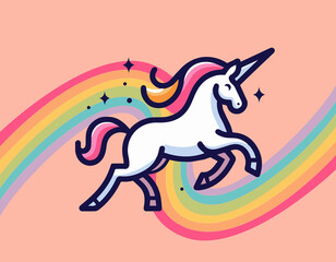 Illustration of a cute unicorn jumping on a rainbow © marilenart