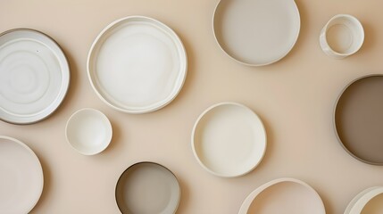 Different size of plates on beige background Flat lay top view