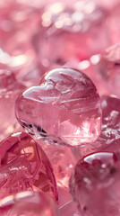 Pink heart shaped ice cubes background