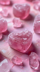 Pink heart shaped ice cubes background