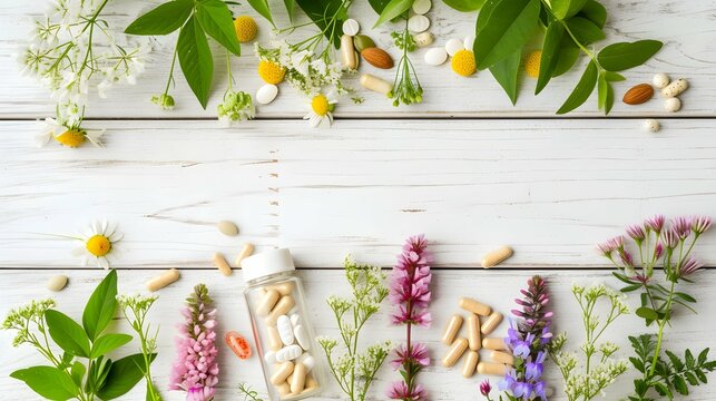 Different pills, herbs and flowers on white wooden table, flat lay. Dietary supplements