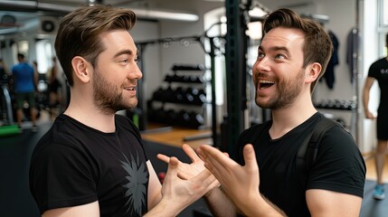 A guy is working out in the gym of a fitness club. A couple of guys have fun chatting in the gym