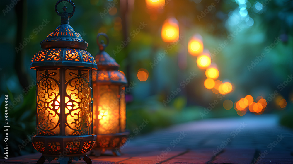 Canvas Prints celebration of islamic eid mubarak and eid al adha lantern in a light background