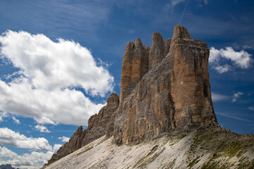 Beautiful sunny day in Dolomites mountains. View on Tre Cime di Lavaredo