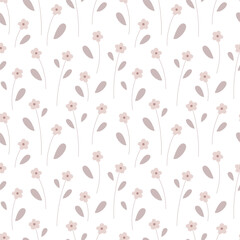 Tender seamless pattern with delicate simple plants. Vector floral wallpaper. Texture with blooming summer flowers and leaves for textile or wrapping paper.