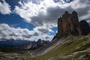 Beautiful sunny day in Dolomites mountains. View on Tre Cime di Lavaredo