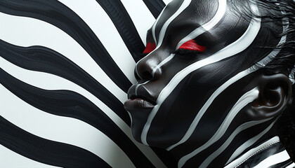 Artistic fashion portrait of a woman with dramatic black and white striped makeup and clothing.