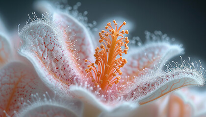 Macro shot capturing the intricate details of a flower's stamen and filaments, dusted with fine pollen against a soft backdrop. - Powered by Adobe