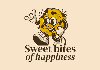 Sweet bites of happiness. Mascot character of a walking cookies in retro style - obrazy, fototapety, plakaty