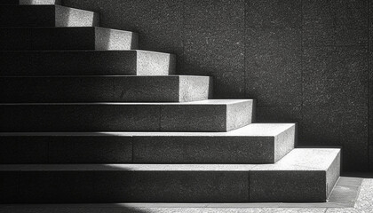 Close-up of minimalist architectural stairs with textured concrete surfaces illuminated by soft light.