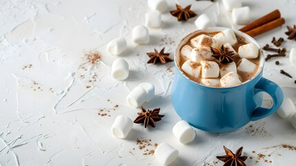 Cup of tasty cocoa drink and marshmallows in blue cup Spices and marshmallows for winter drinks on white texture table Winter hot drink Hot chocolate with marshmallow and spices Copy space