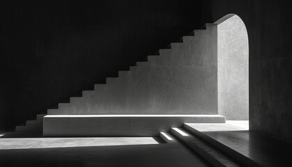Stark minimalist staircase in shadow, featuring a sharp contrast of light against dark concrete textures.