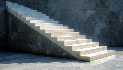 Marble stairs against a textured concrete wall, bathed in natural sunlight creating a play of light and shadow.