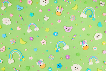 Trendy pastel green kawaii flyer, banner background design template with cute air plasticine...